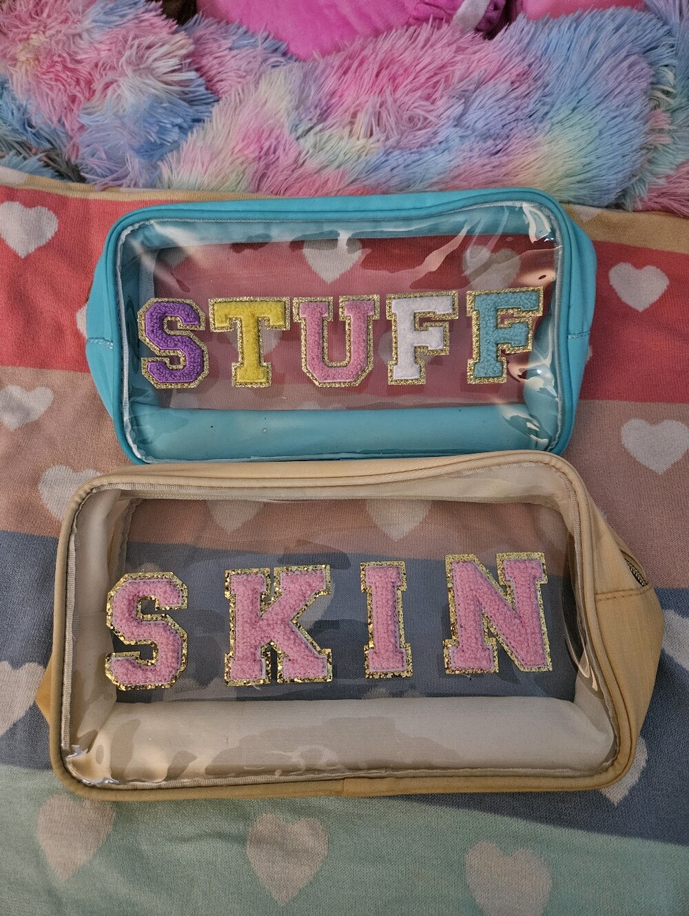 Set of Two Clear Travel Pouches - Blue and Cream  STUFF & SKIN